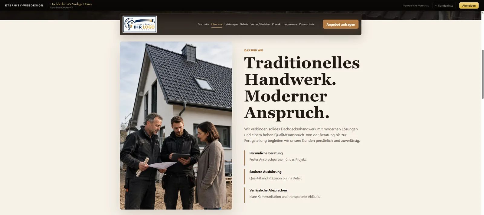 Über-uns-Abschnitt einer Musterseite für einen Dachdeckerbetrieb
