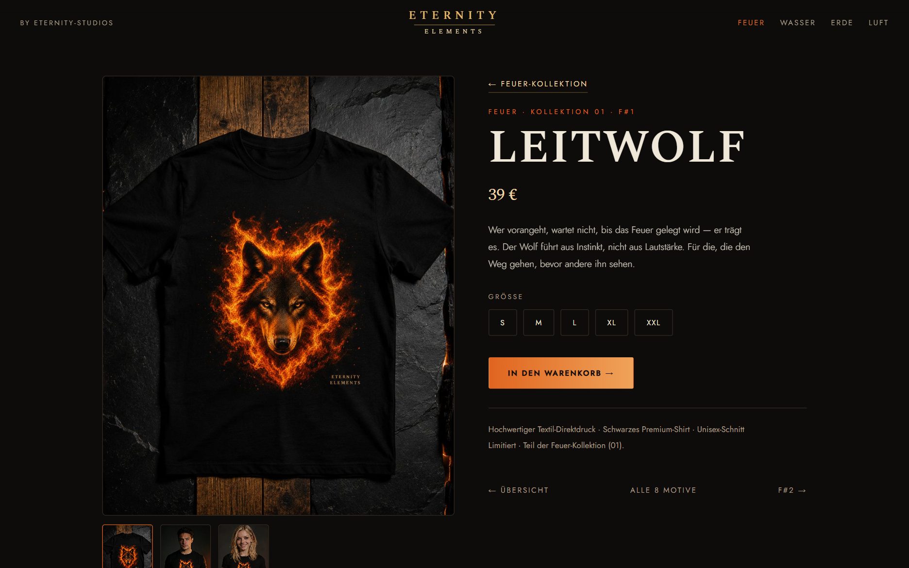 Eternity Elements — Produktseite mit Warenkorb, Desktop-Ansicht
